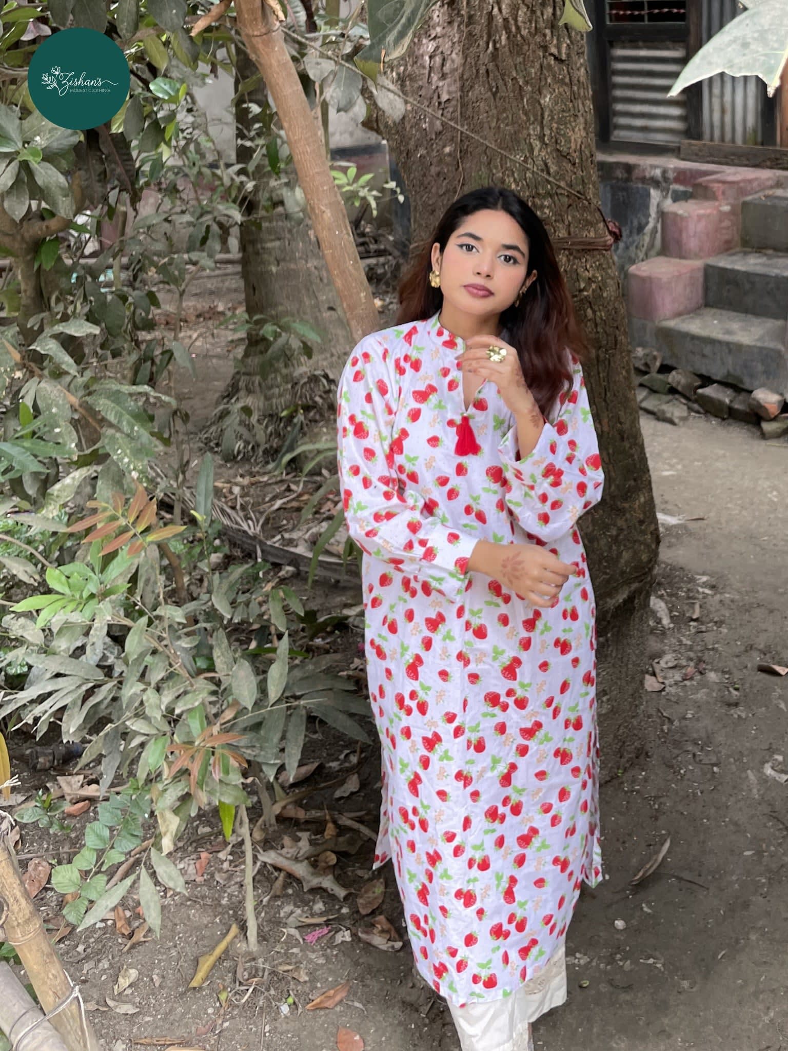 Image of Strawberry Printed Modest Kurta | Red Fruit Print Lawn Kurti for Women