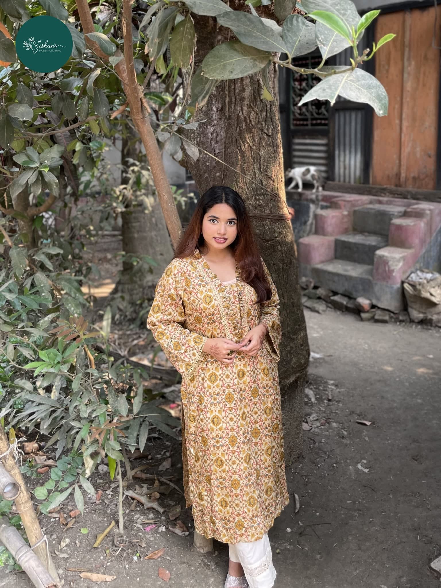 Image of Mustard Floral Printed Modest Kurta | Beige Yellow Lawn Kurti for Women