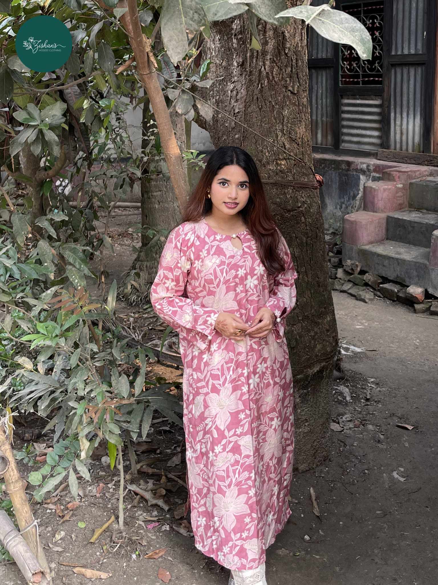 Image of Pink Floral Printed Modest Kurta | White Flower Print Lawn Kurti for Women