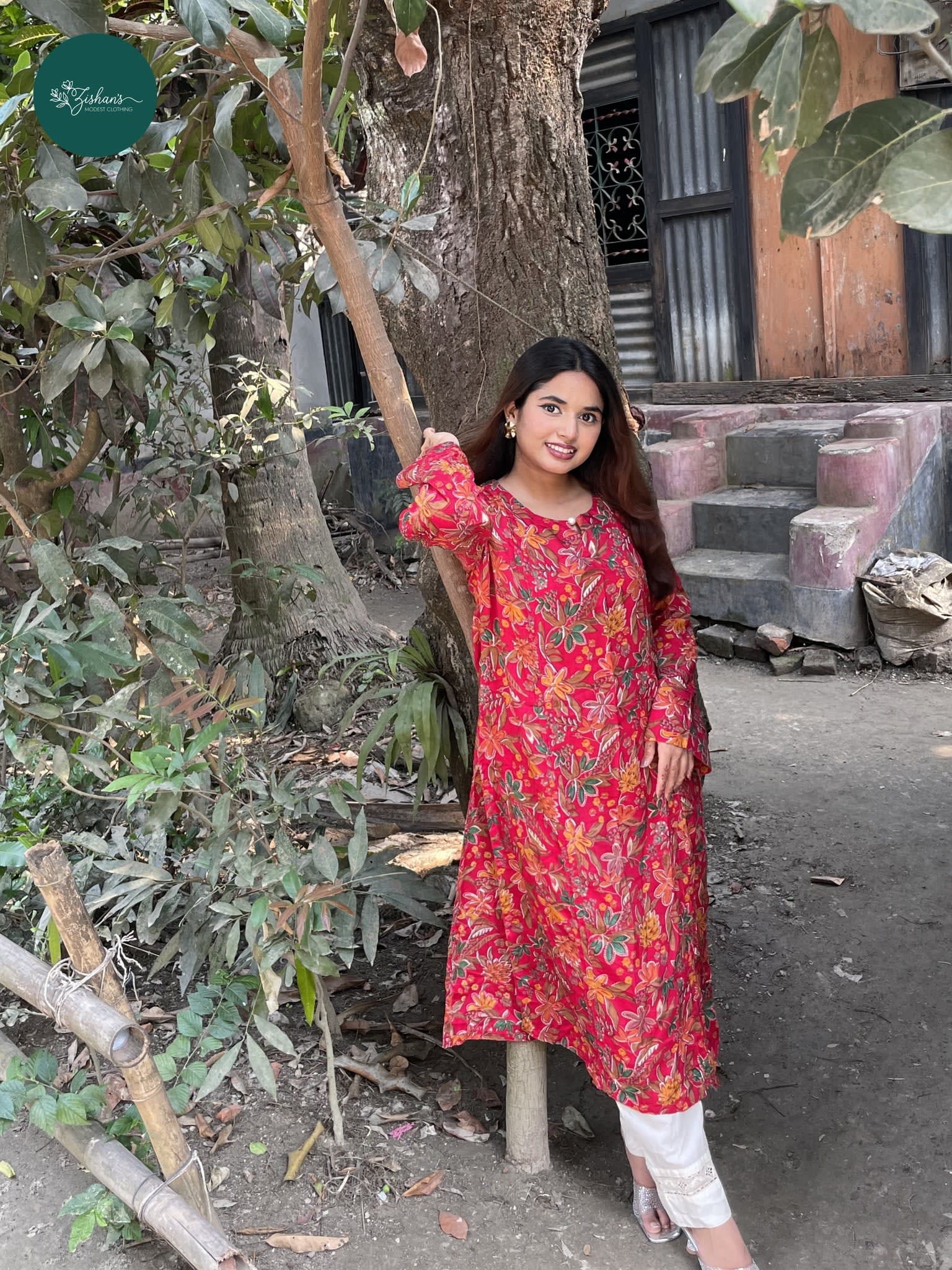 Image of Red Floral Printed Modest Kurta | Vibrant Flower Print Lawn Kurti for Women