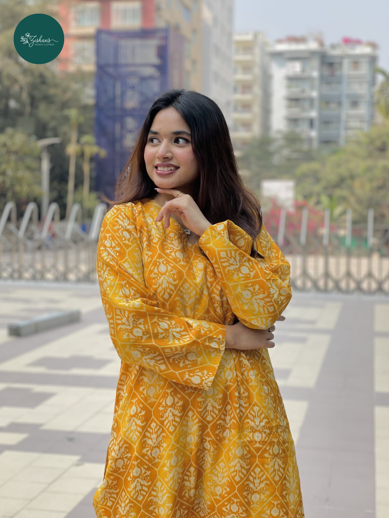 Mustard Yellow Ikat Printed Modest Kurta | Golden Pattern Lawn Kurti for Women