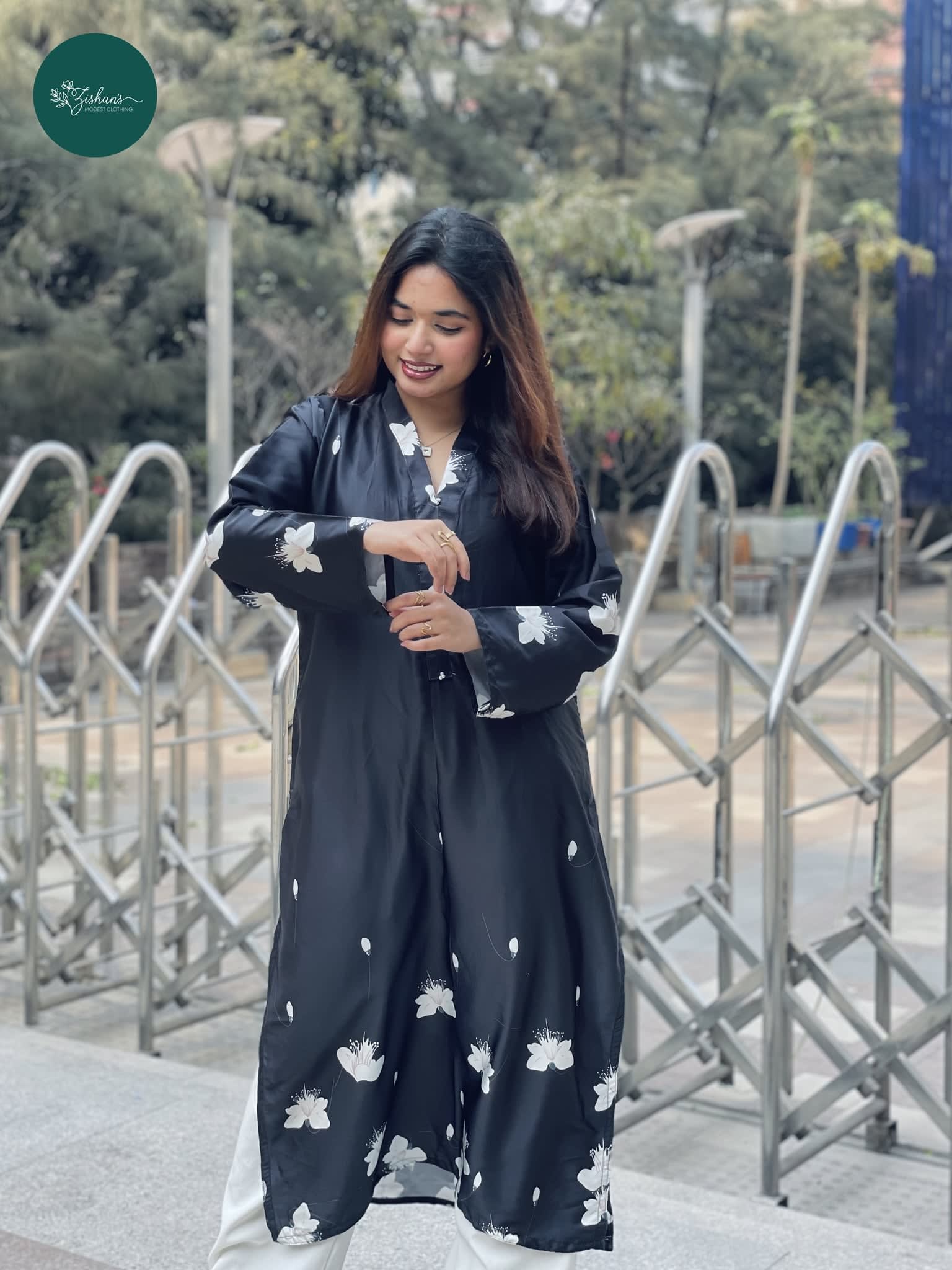 Black Floral Printed Modest Kurta | White Flower Print Satin Kurti for Women