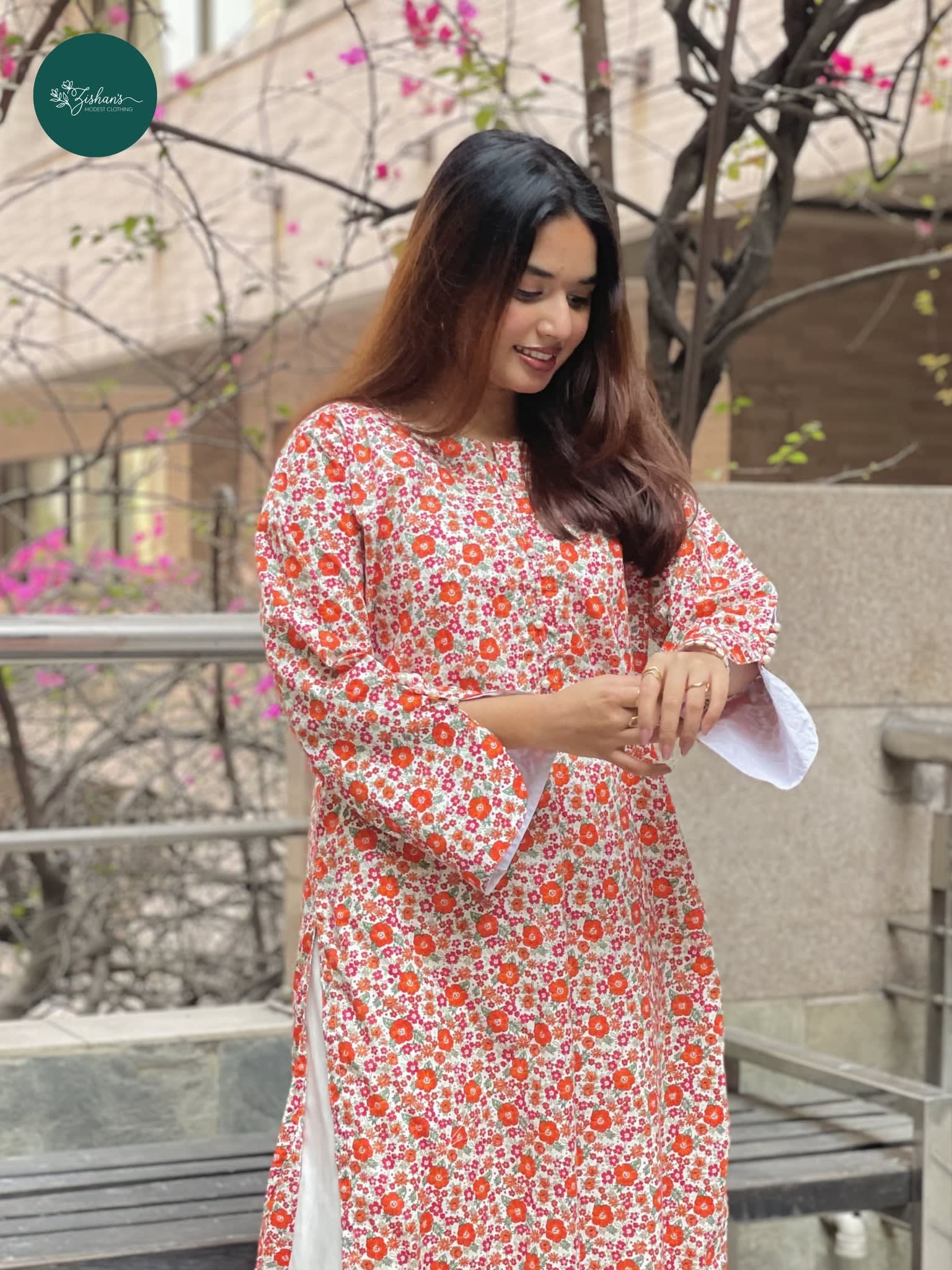 Image of Beautiful Orange Red Floral Printed Modest Kurta on White Base