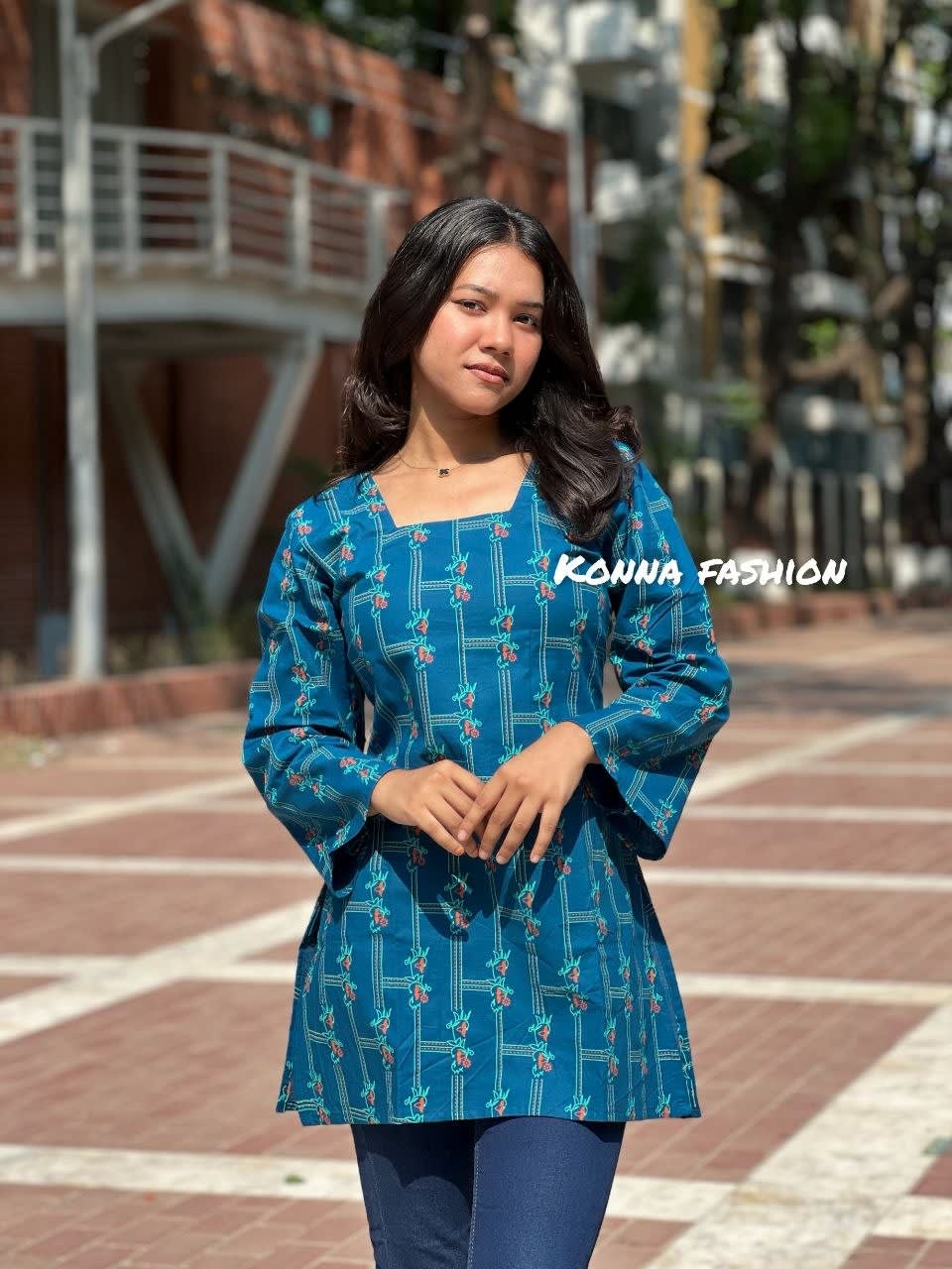 Image of Teal Grid Floral Short Kurti