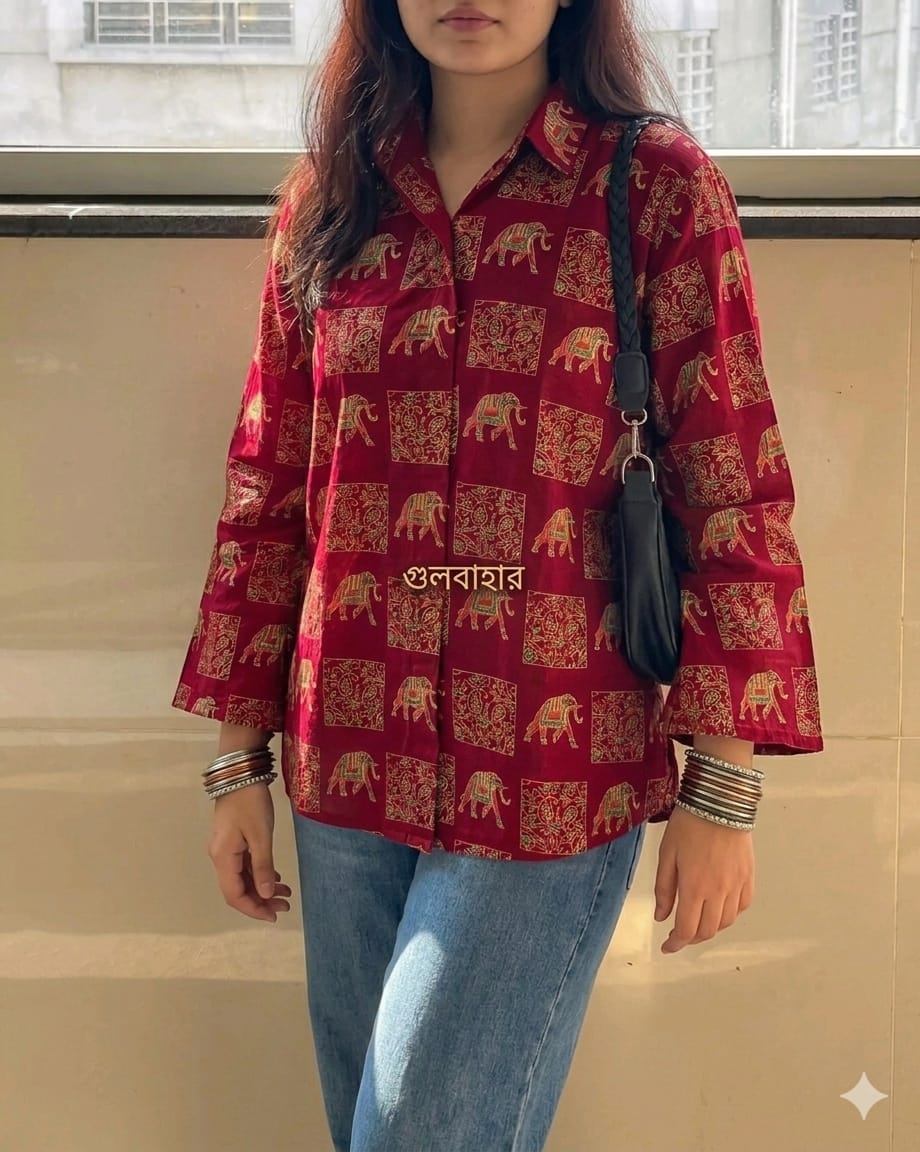 Image of Red Elephant Print Short Kurti Shirt
