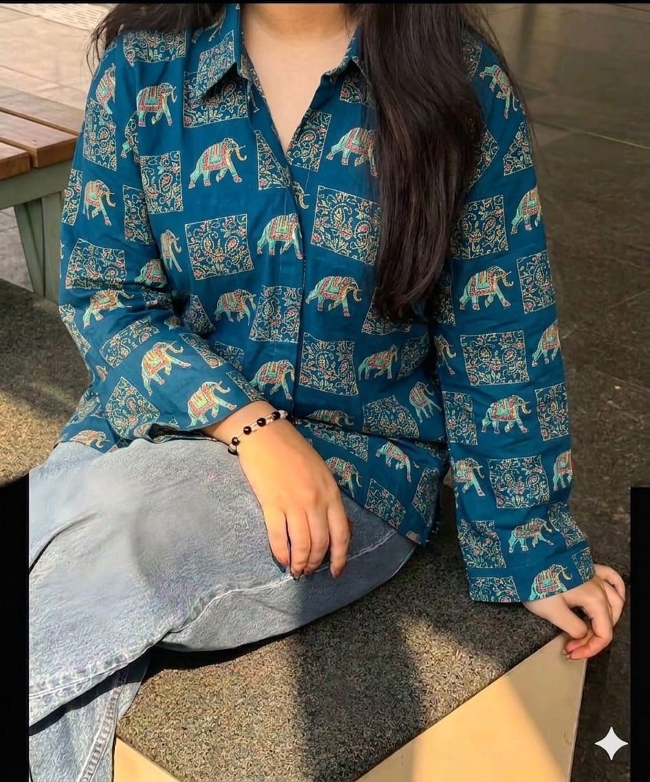 Image of Blue Elephant Print Short Kurti Shirt
