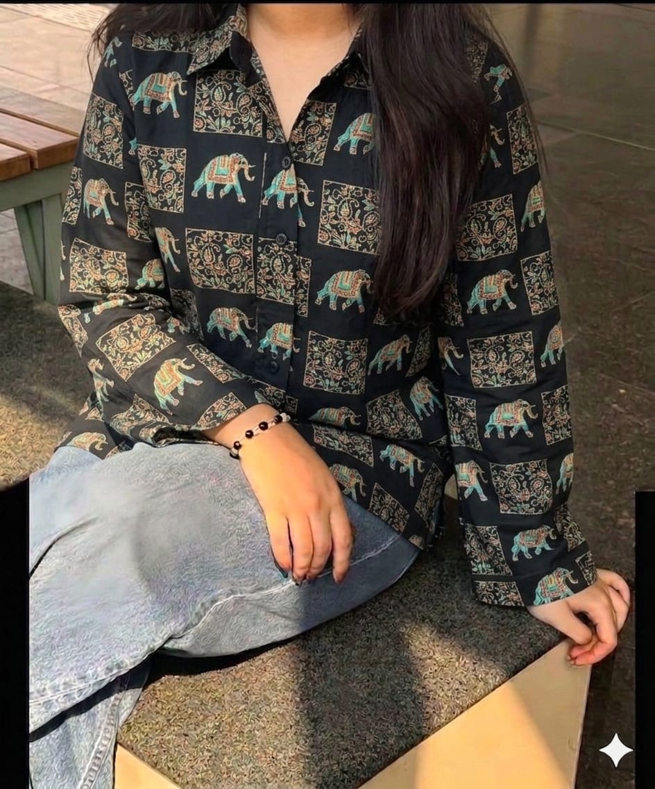Image of Black Elephant Motif Short Kurti Shirt