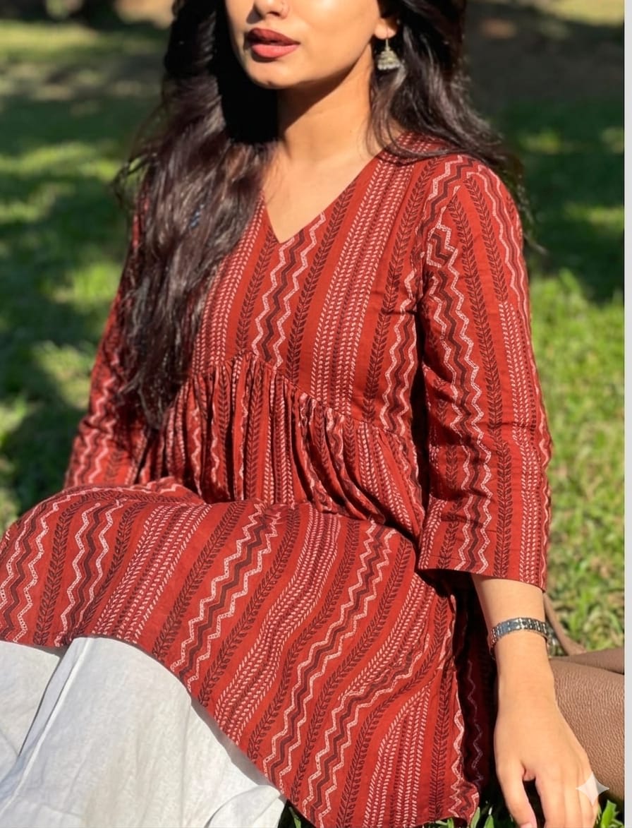 Image of Rust Red Fusion Short Kurti