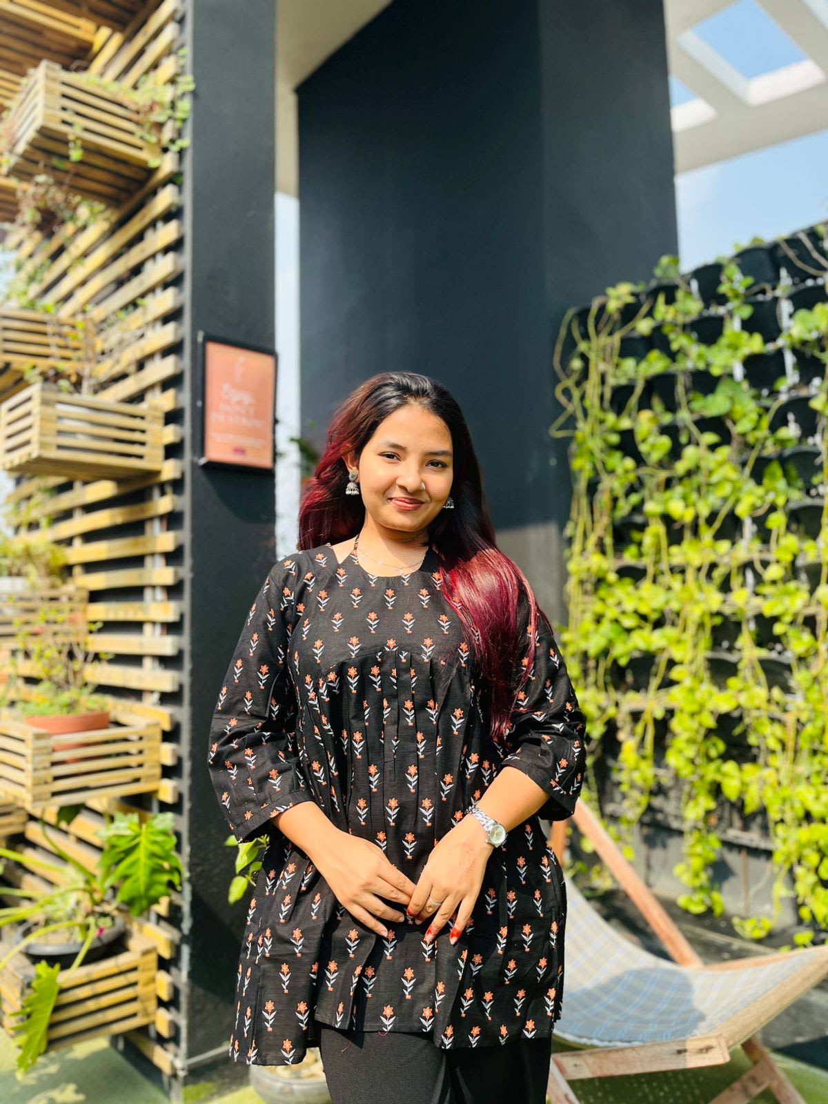 Image of Black Floral Print Short Kurti Shirt