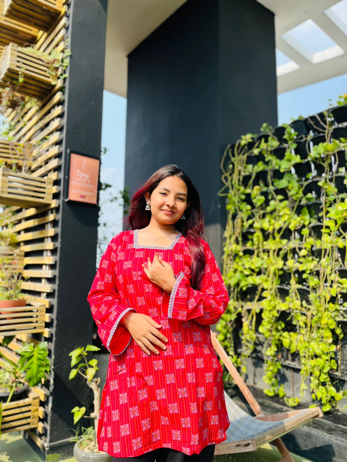 Image of Crimson Red Ethnic Print Short Kurti Shirt