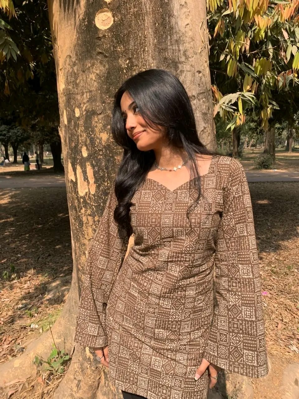 Image of Light Brown Short Kurti with White Print – Elegant & Comfortable Casual Wear