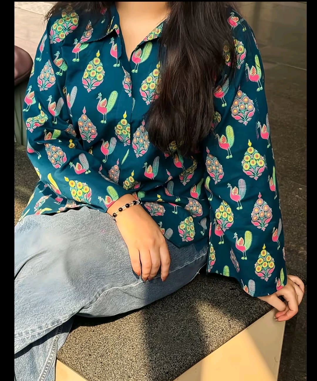 Image of Dark Blue Peacock & Floral Printed Short Kurti – Vibrant Ethnic Casual Wear