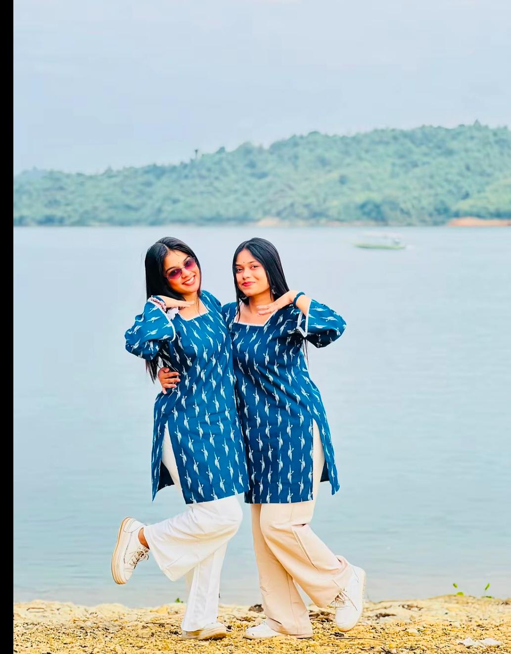 Image of Blue Short Kurti with White Print – Simple & Elegant Everyday Wear