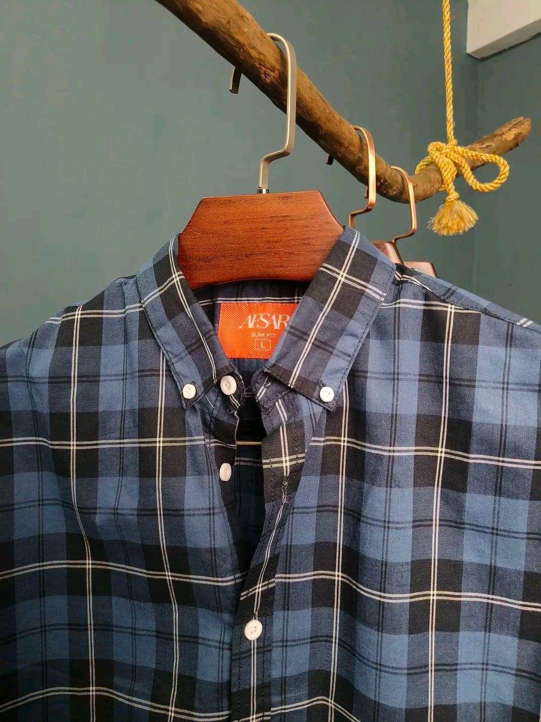Image of Blue & Black Big Check Shirt with Thin White Stripes – Modern Casual Style