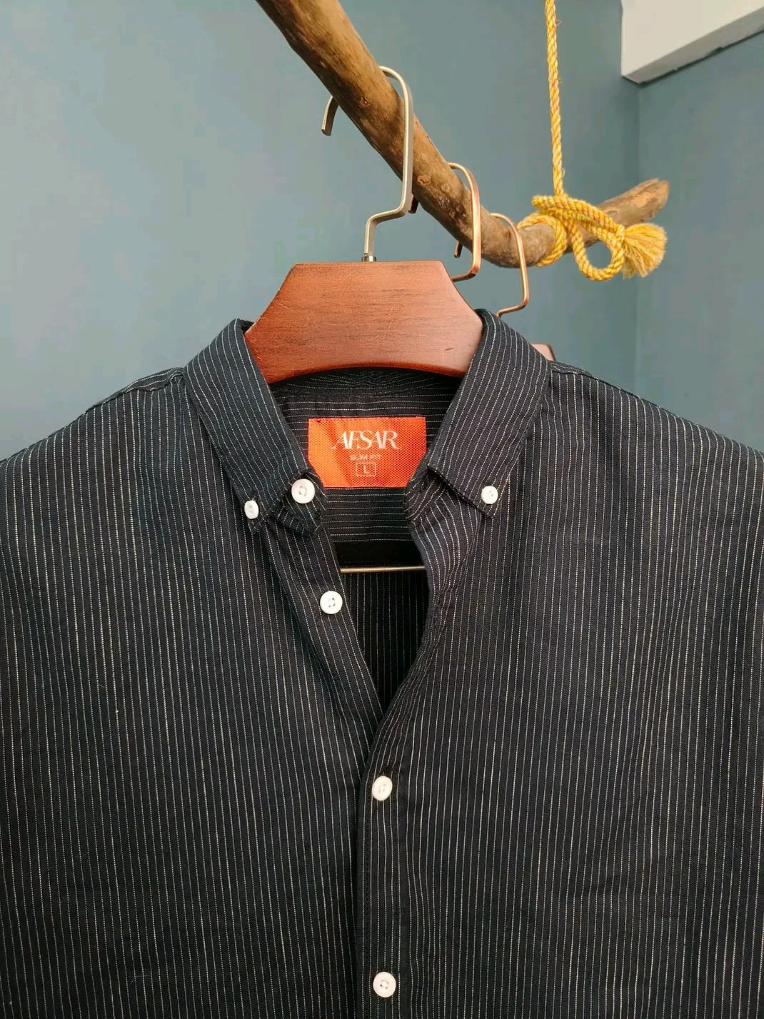 Image of Black Shirt with Ultra-Fine White Streak Pattern – Sleek Modern Style