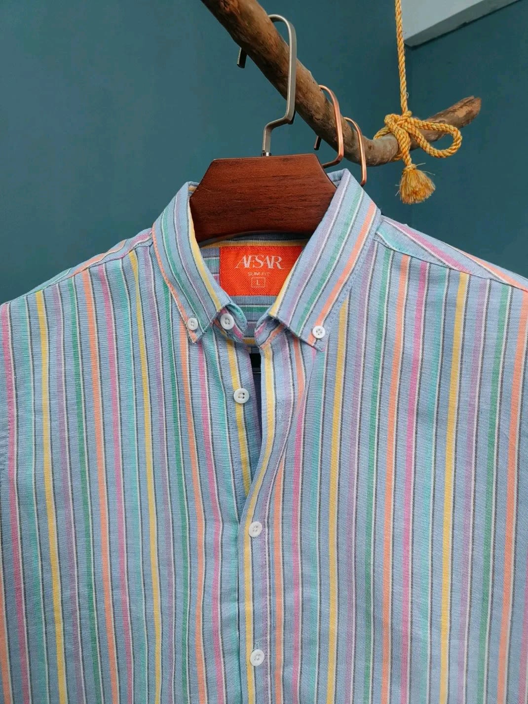 Image of Sky Blue Shirt with Green, Yellow & Pink Check Pattern – Vibrant Casual Style