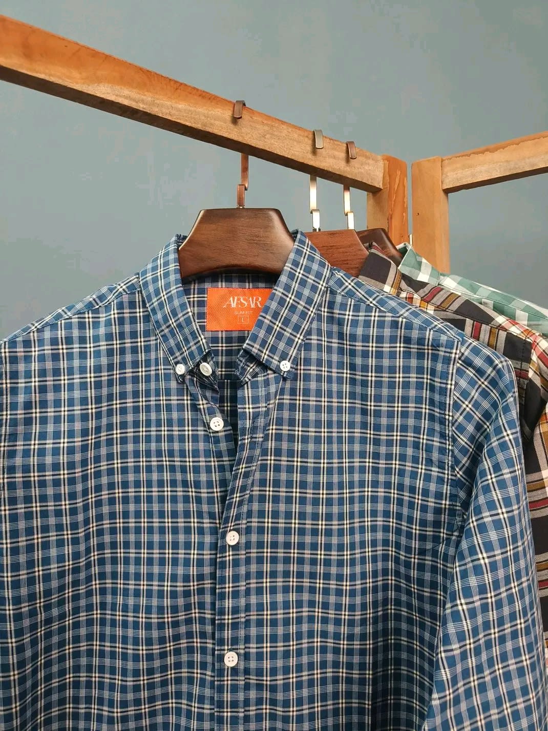 Image of Blue Shirt with Small Check Pattern