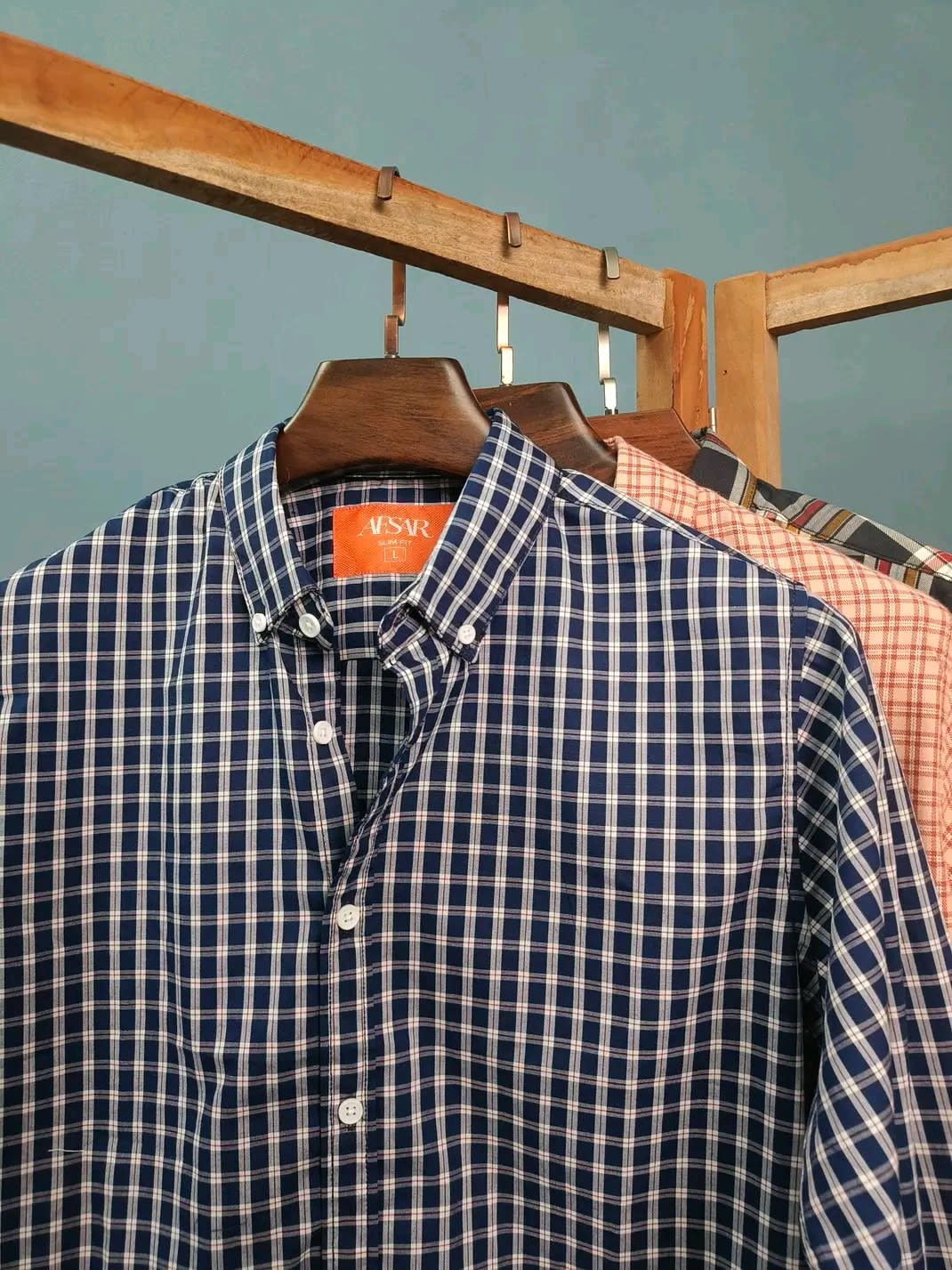 Image of Navy Blue Shirt with Small Check Pattern