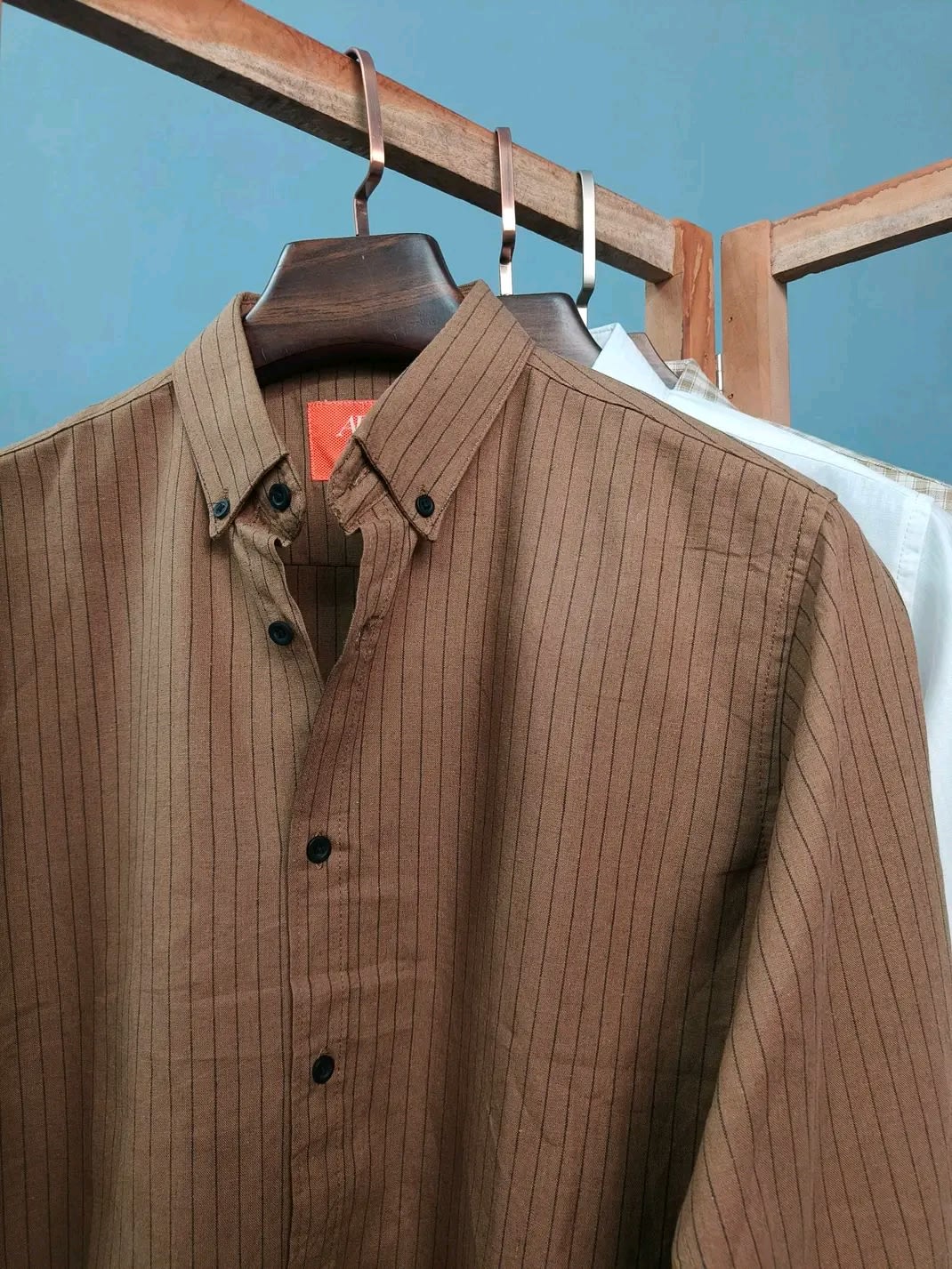 Image of Brown Slim Fit Shirt with Fine Black Stripes