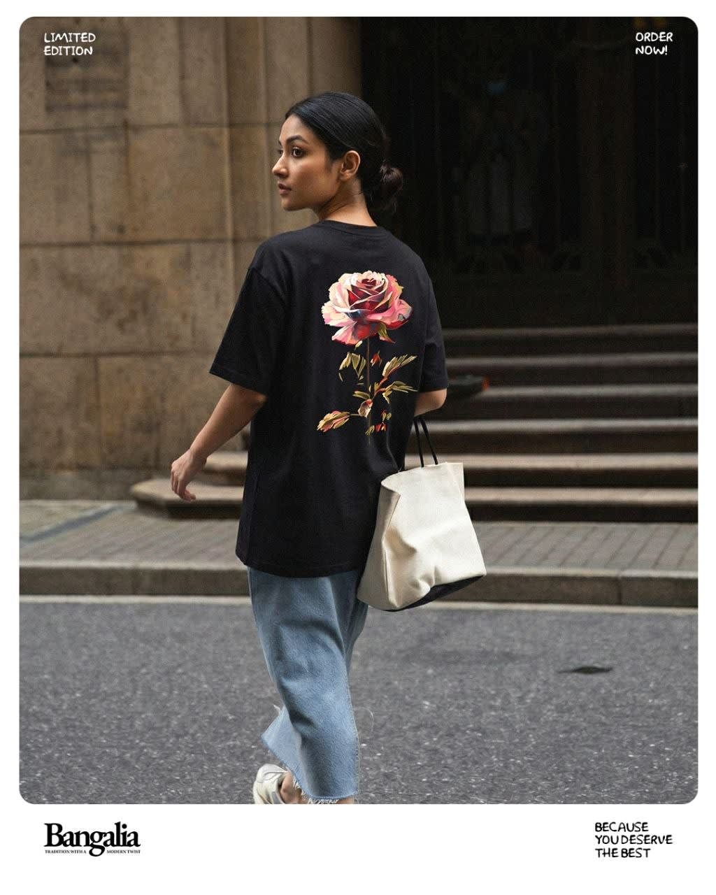 Image of Black Floral Rose Oversized T-Shirt