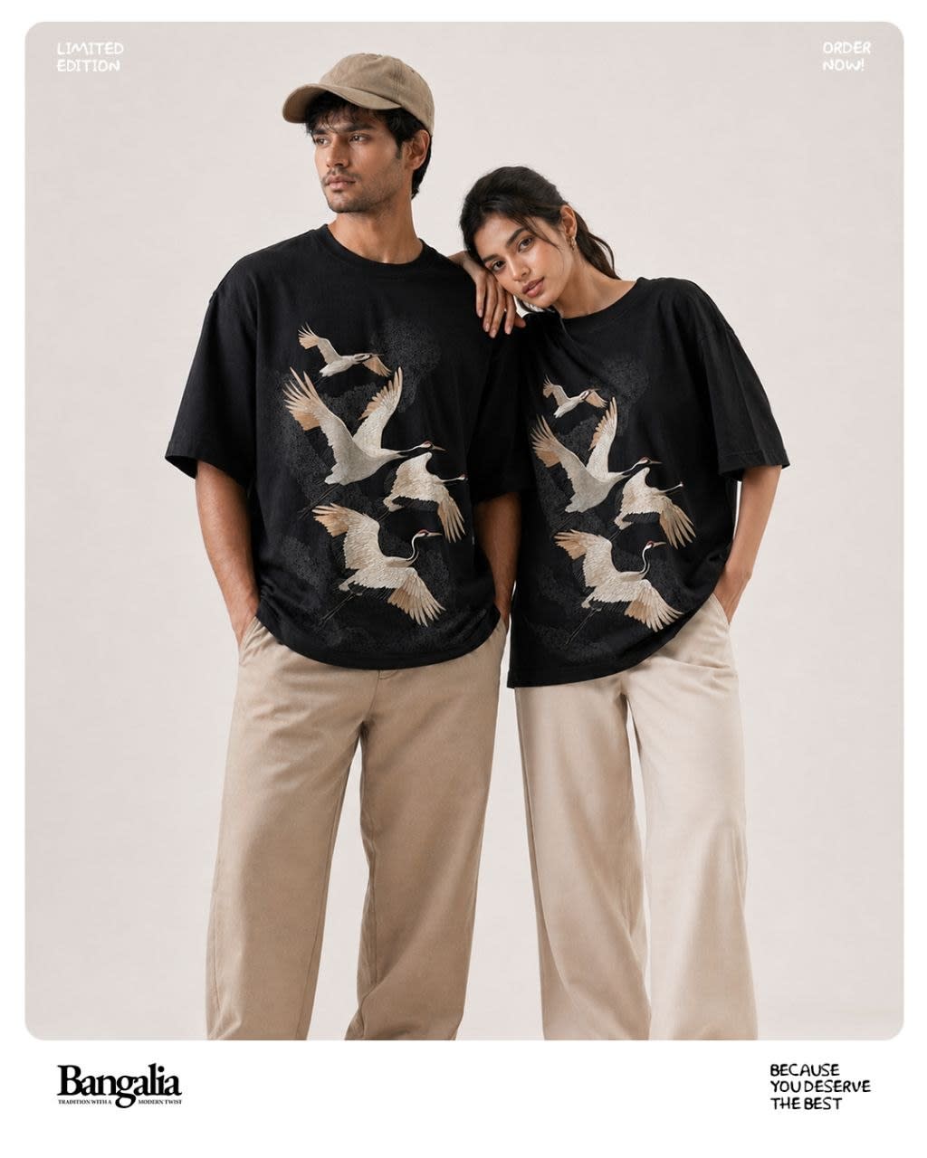 Image of Black Flying Cranes Oversized T-Shirt